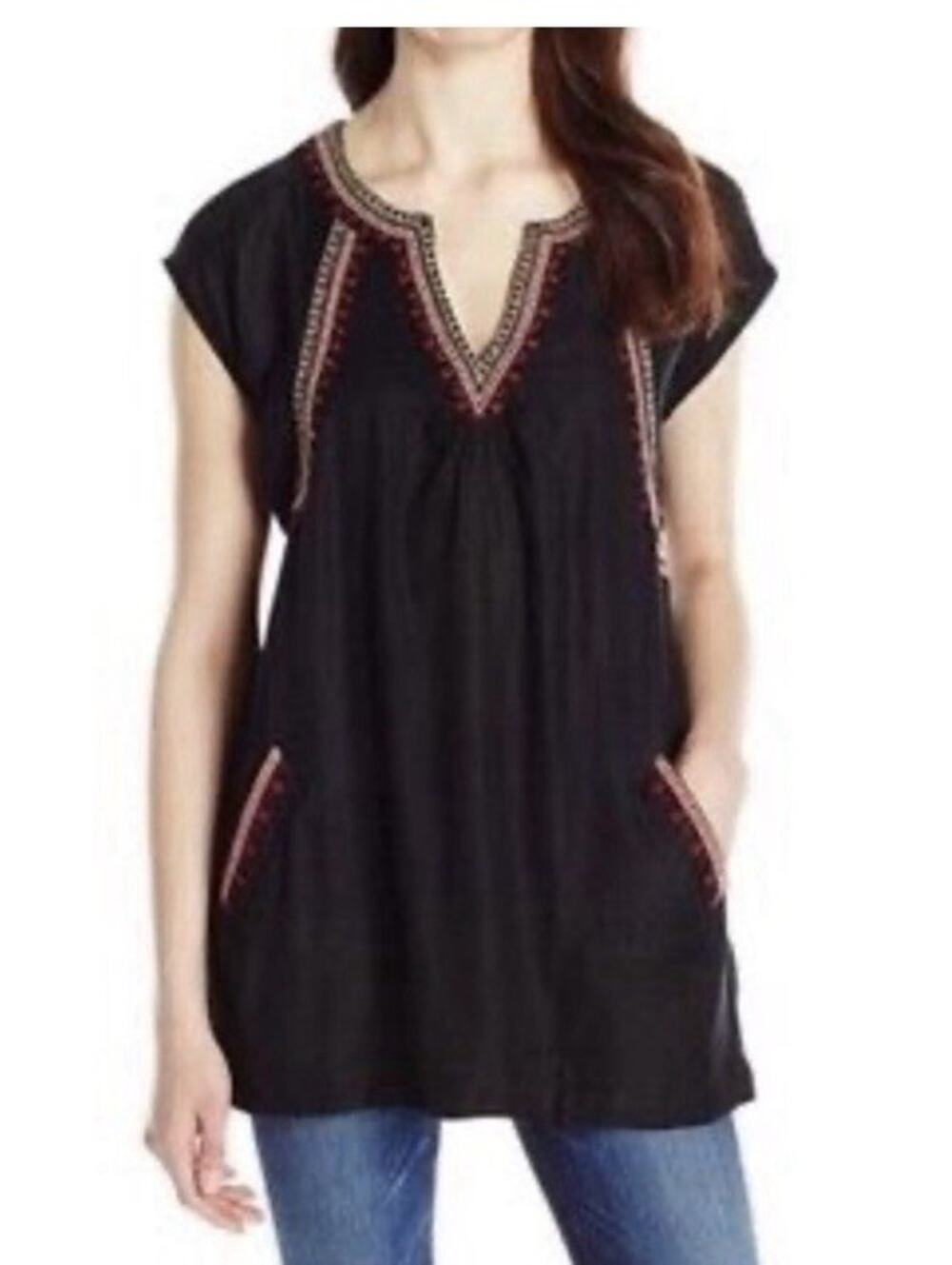 Lucky Brand Boho Tunic Top Womens Med Black Beaded Embroidered Pockets Peasant